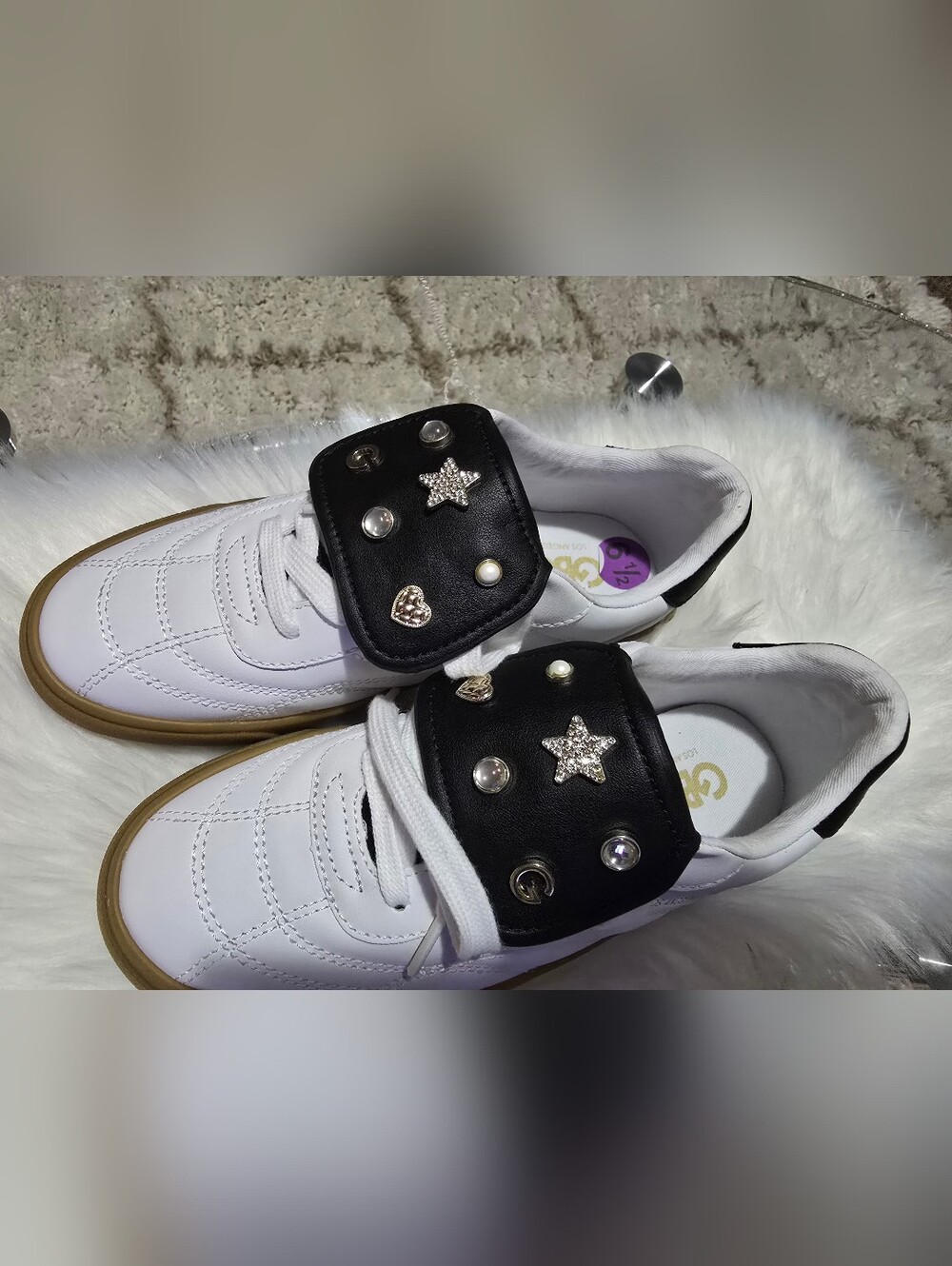 Guess White Sneakers with Black Jeweled Tongue Accents